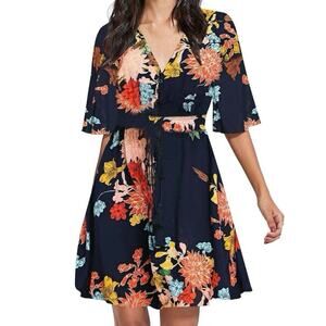 Milumia Dress - Flowy Boho Button Up Split Floral Print - XL